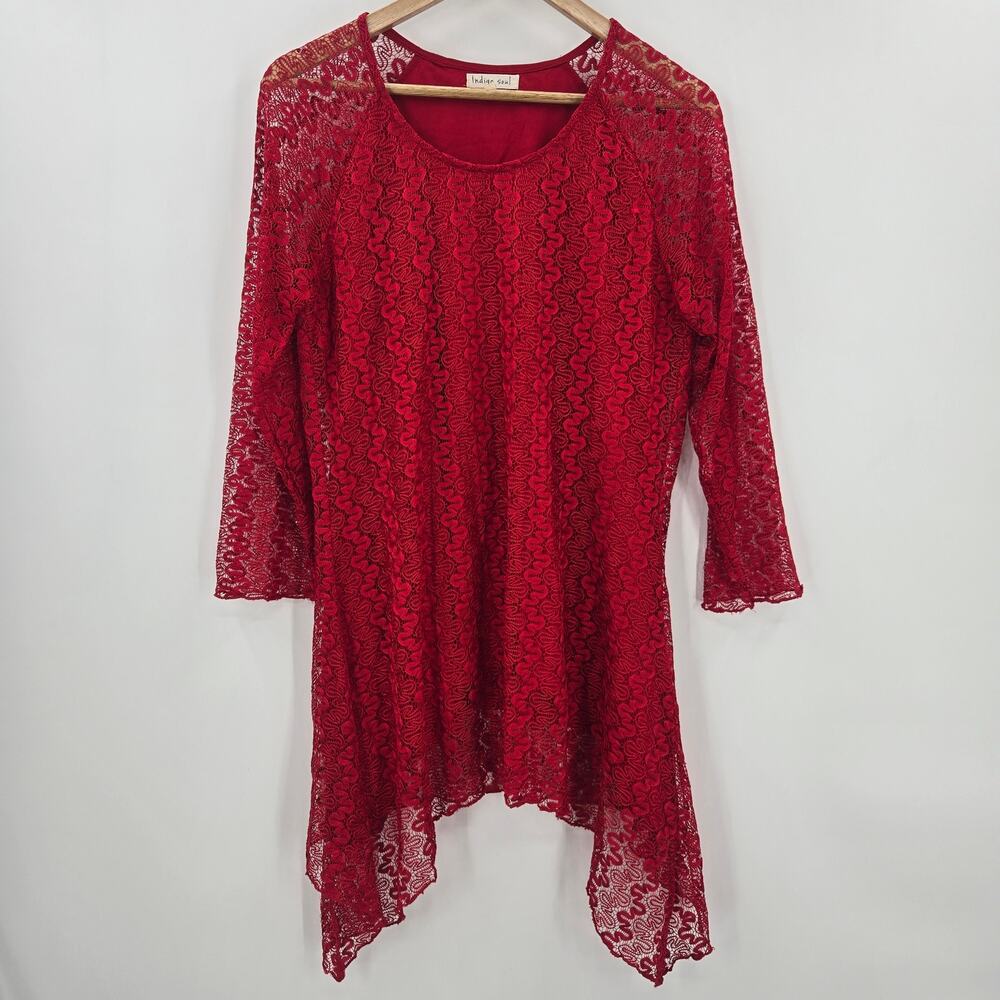 Indigo Soul Women Y2K Whimsigoth Fairy Red Sheer Lace Asymmetrical Tunic Top M